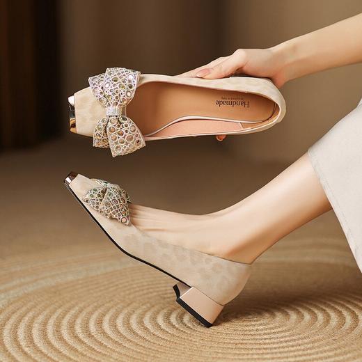 【预售5天】浅口金属方头真皮单鞋女新爆款蝴蝶结工作鞋平跟低跟小香风LD&7295 商品图3