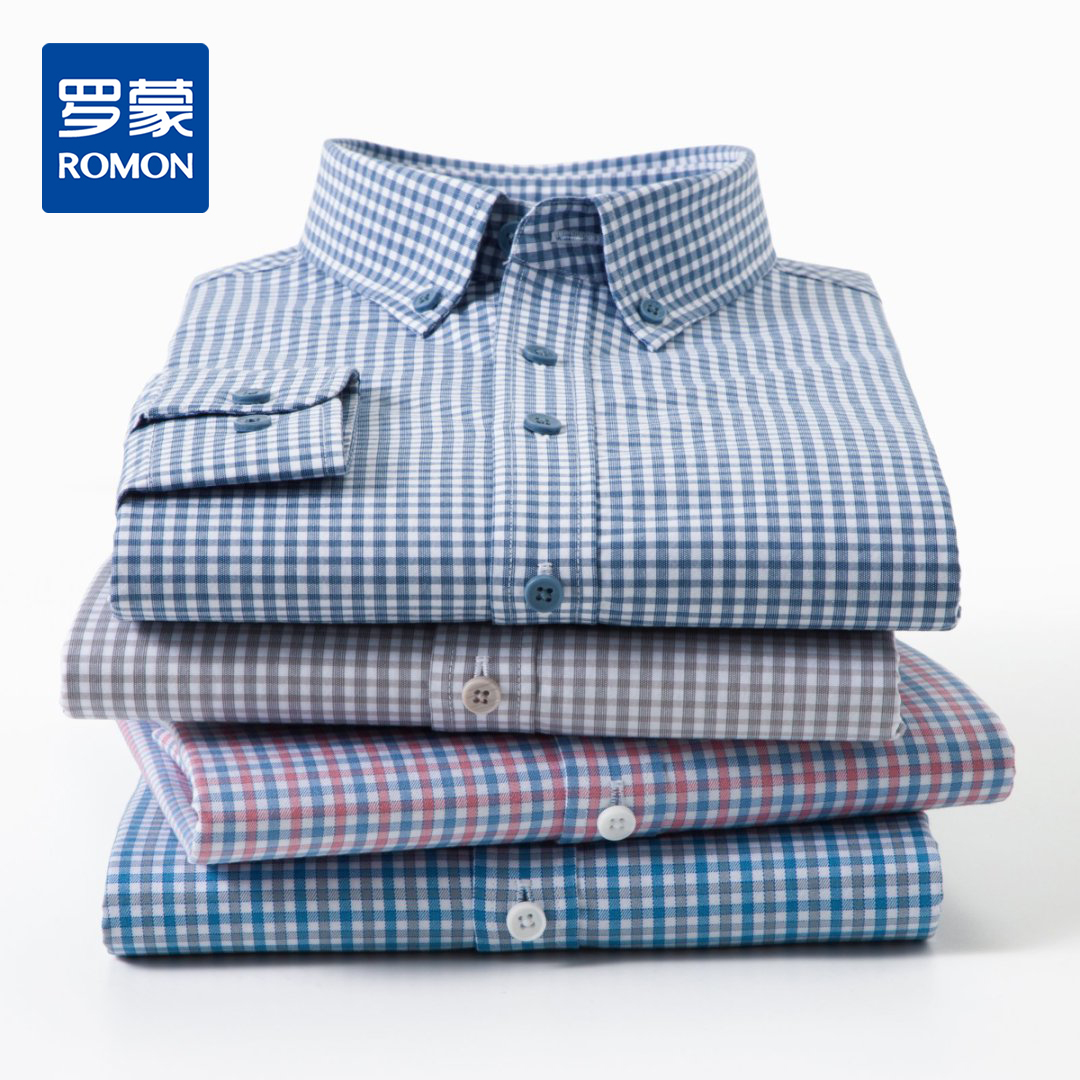 【100棉】罗蒙男士经典百搭网格长袖衬衫舒适休闲简约通勤上班衬衣