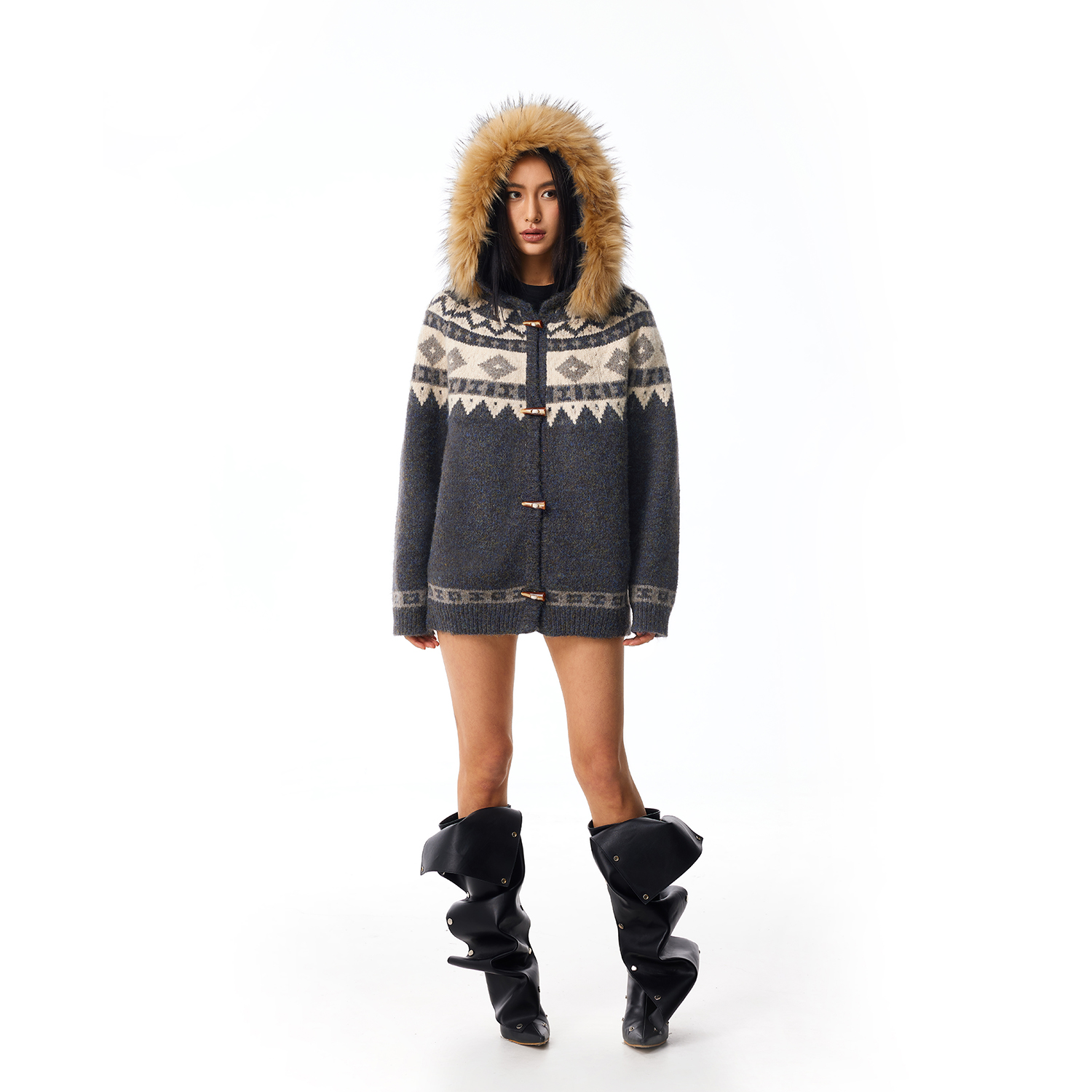 林秋楠同款  FDR可拆卸毛领费尔岛毛衣外套女秋冬季加厚情侣撞色针织衫