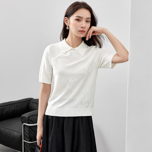 【内购】简约通勤翻领蘑菇扣柔软弹力薄款微透国风短袖毛衣-W51E58629 商品图2