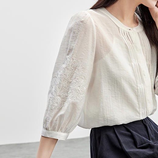 【内购】时尚通勤中长袖绣花前襟风琴褶设计莱赛尔衬衫-151C57912 商品图2