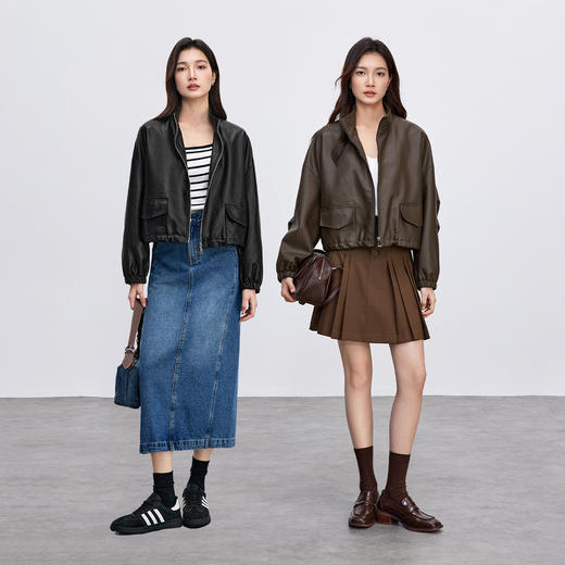 【内购】通勤立领调节抽绳宽松显瘦再生纤维短款PU皮革外套-W51G87928 商品图3