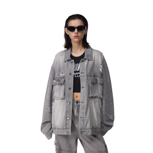 FDR官方店 立体工装袋破洞牛仔外套男女秋季翻领宽松情侣装上衣 商品图1