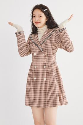 LED'IN 双排扣格纹A字连衣裙 15350