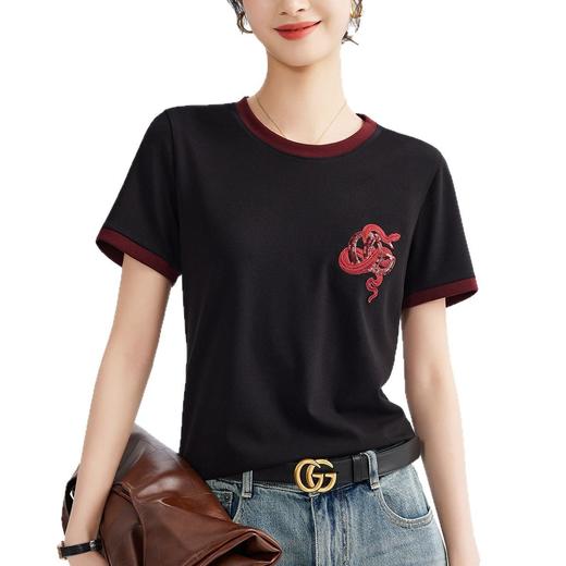 雀说春款蛇年刺绣T恤衫女时尚撞色圆领上衣宽松显瘦高级感短袖AL670 商品图4