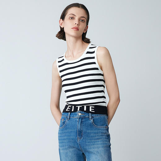EITIE爱特爱夏新款经典黑白条纹时尚休闲显瘦百搭针织背心7701410 商品图2