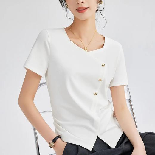【自】全新升级【铂金会员100/天猫129/差价29】(01609) 洛诗琳正肩方领短袖t恤女夏季2025新款高端不规则半袖 商品图2