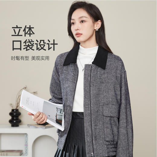 【超值！羊毛夹克外套】逸阳复古翻领人字纹短款宽松简约通勤外套3904 商品图2