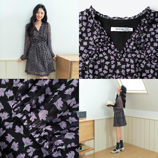 【严选】诗凡黎木耳边紫色碎花连衣裙2025年春新款法式浪漫别致约会仙女裙7G2190591 商品图3