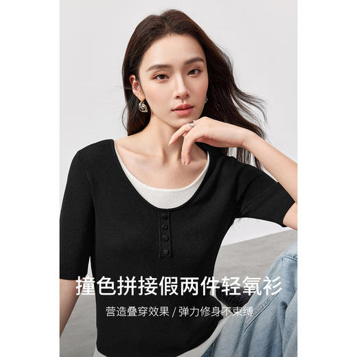 【内购】简约通勤撞色圆领弹力修身显瘦短袖针织衫-W51E58631 商品图1