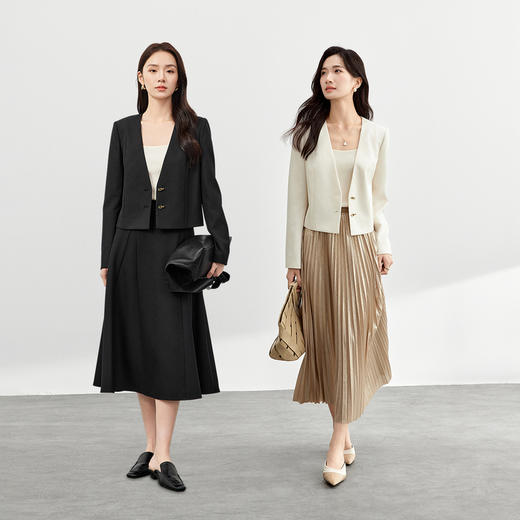 【内购】气质通勤V领带肩垫古铜色定制扣小个子短款显瘦西装外套-151X58226 商品图2