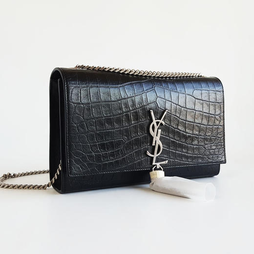 【95新】YSL圣罗兰KATE流苏354119中号黑银鳄鱼纹压花流苏链条单肩斜挎包女士现售价：6180！100225NJS09 商品图1
