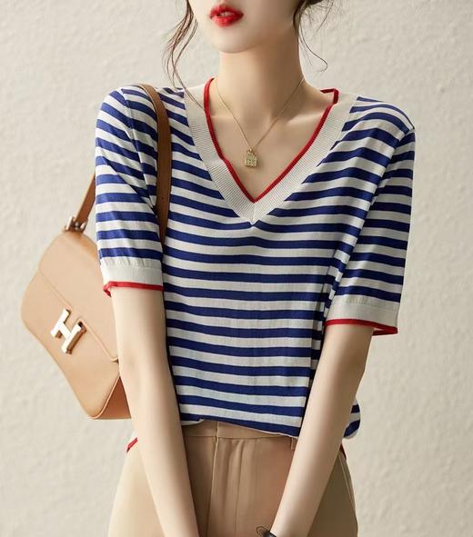 *【显瘦藏肉一绝】板绘法式经典条纹海魂衫 冰爽丝T恤 蓝白相撞永不过时的时髦元素 复古减龄优雅 凉爽又舒适 商品图1