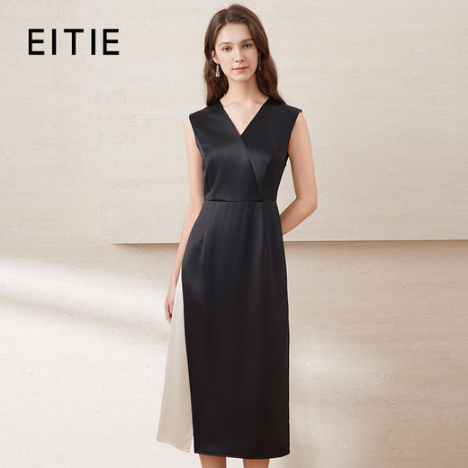 EITIE爱特爱夏新款V领优雅显瘦拼接连衣裙7707433 商品图0