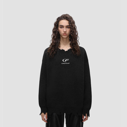 FDR 国潮月牙印花圆领破洞毛衣男女秋冬季慵懒风情侣装针织衫上衣 商品图0