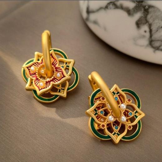 「小众设计！国潮复古」原创宫廷风耳环个性镂空彩绘耳扣一款多戴耳时尚饰品 商品图0