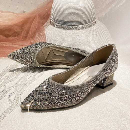 女士尖头浅口粗跟法式气质单鞋新款水钻晚晚鞋高跟女鞋大码34-43 商品图3