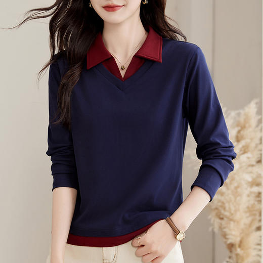雀说polo领假两件长袖t恤女爆款正肩显瘦上衣打底衫AL 商品图0