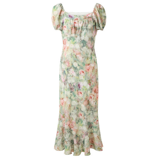 三彩2025春季新款晕染印花连衣裙法式大方领度假荷叶边长裙M 商品图4