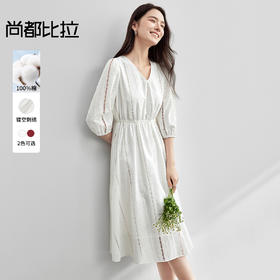 【内购】优雅度假V领松紧高腰七分灯笼袖100%亲肤棉A字连衣裙-151L58242