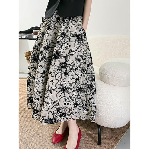 雀说植绒半裙女重工小众复古法式高腰中长款A字裙AL1572 商品图1