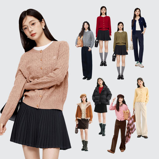 【严选】诗凡黎miu系绞花全毛针织开衫2024秋新款高知学院风刺绣套头衫SF8131141-4 商品图1