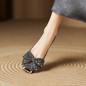 【预售5天】浅口金属方头真皮单鞋女新爆款蝴蝶结工作鞋平跟低跟小香风LD&7295