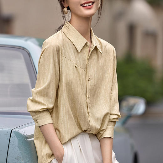 雀说肌理感衬衫女慵懒风宽松polo领衬衣时尚优雅长袖上衣AL3002 商品图0