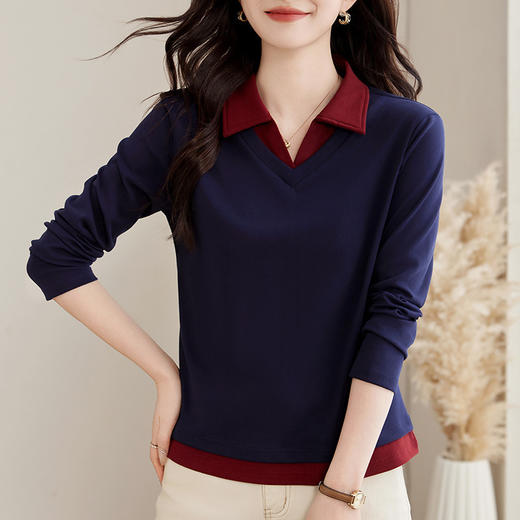 雀说polo领假两件长袖t恤女爆款正肩显瘦上衣打底衫AL 商品图7