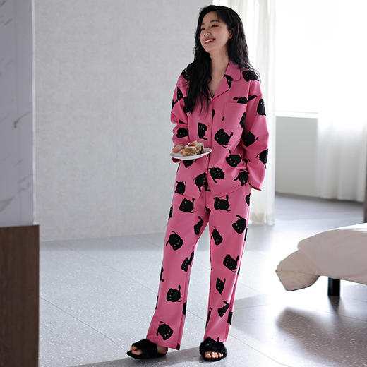 雀说长袖长裤睡衣女秋季纯棉卡通大码宽松休闲可外穿居家服套装AL 商品图3