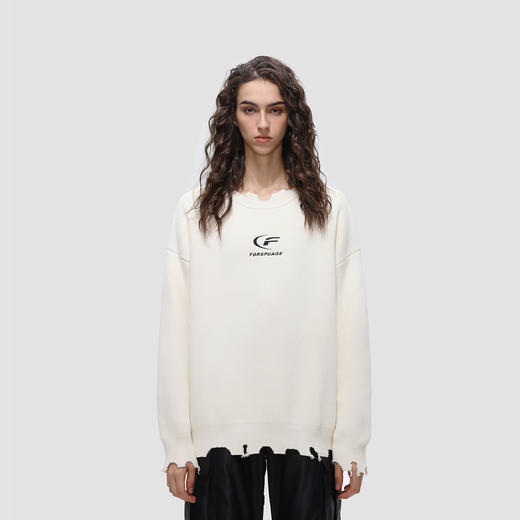 FDR 国潮月牙印花圆领破洞毛衣男女秋冬季慵懒风情侣装针织衫上衣 商品图1