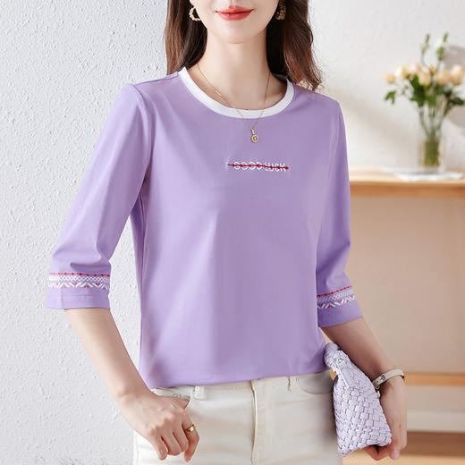 雀说纯棉紫色七分袖t恤女新款爆款宽松中袖五分袖上衣体恤AL20142 商品图3