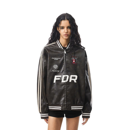 FDR官方店 徽章织带PU皮加厚棒球服外套男女春季美式情侣皮衣夹克 商品图1