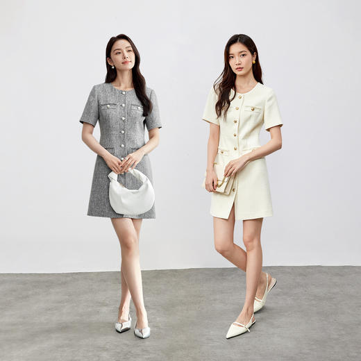 【内购】优雅通勤圆领撞色浮雕金属扣毛边贴袋短袖直筒连衣裙-151L58297 商品图2