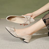 女士尖头单鞋仙女风晚晚中跟百搭珍珠水钻绸缎蝴蝶结粗跟女鞋 34-43 商品缩略图1