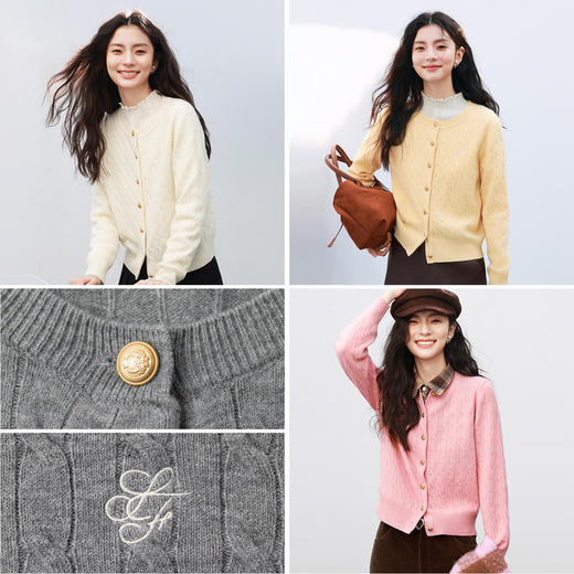 【严选】诗凡黎miu系绞花全毛针织开衫2024秋新款高知学院风刺绣套头衫SF8131141-4 商品图4