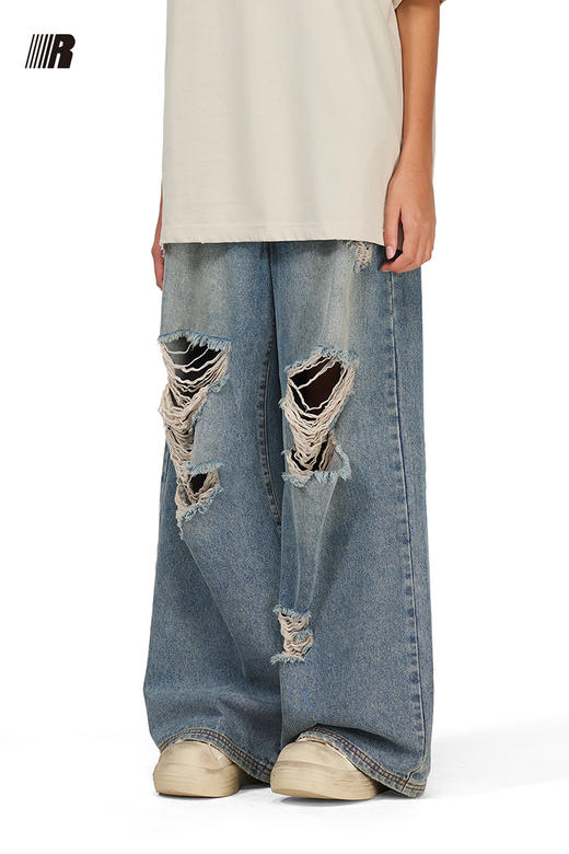 FDR官方店 美式复古做旧破洞牛仔裤女夏季百搭宽松运动直筒长裤子 商品图3
