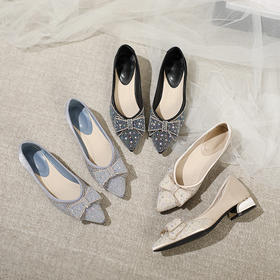 女士尖头单鞋仙女风晚晚中跟百搭珍珠水钻绸缎蝴蝶结粗跟女鞋 34-43