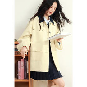 【严选】诗凡黎撞色翻领设计感风衣2025年春新款复古风别致质感中长款外套7G1160021