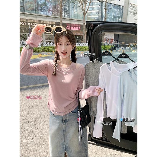 <曾小咸推荐>韩系叠穿真两件防晒露肩T恤上衣 商品图2