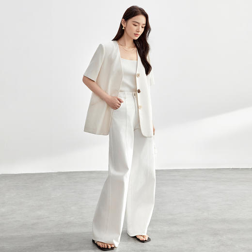 【内购】职场通勤上班无领撞色异形扣下摆开叉垫肩短袖西装外套-151X58255 商品图2