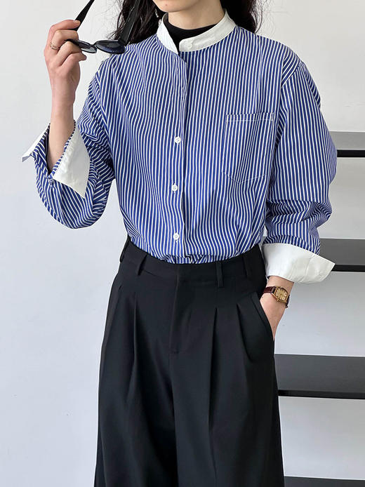雀说蓝色条纹衬衫女款休闲时尚宽松设计感衬衫AL1213 商品图4