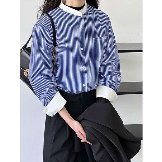 雀说蓝色条纹衬衫女款休闲时尚宽松设计感衬衫AL1213 商品图2