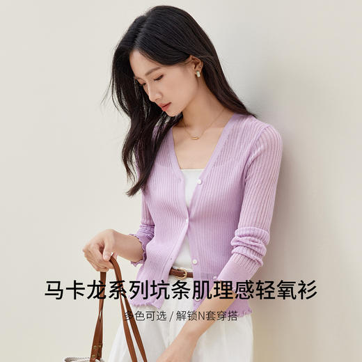 【内购】多巴胺V领撞色扣木耳边落肩袖修身弹力坑条薄针织开衫-W51H58624 商品图1