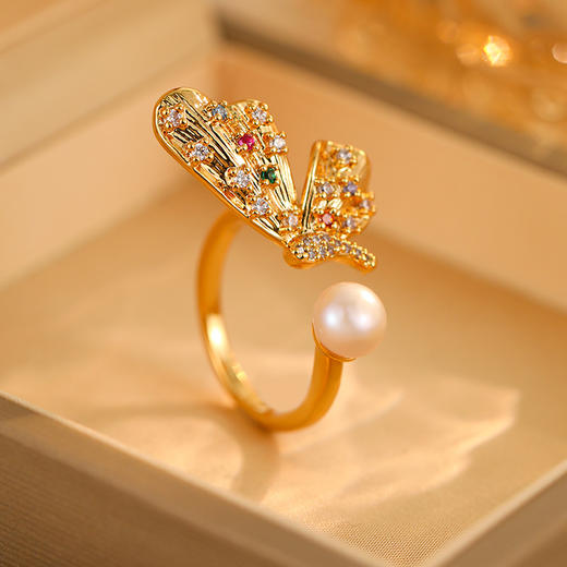 雀说真金电镀蝴蝶淡水珍珠开口戒指时尚民族风设计感手指戒小众手饰AL0309 商品图2
