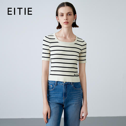 EITIE爱特爱春季新款撞色条纹显瘦百搭基础简约针织衫7701411 商品图0