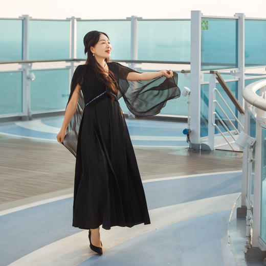 【林栖设计小店】香云纱桑蚕丝连衣裙复古绣花拼飞片2025春季新品长裙女1951022 商品图0