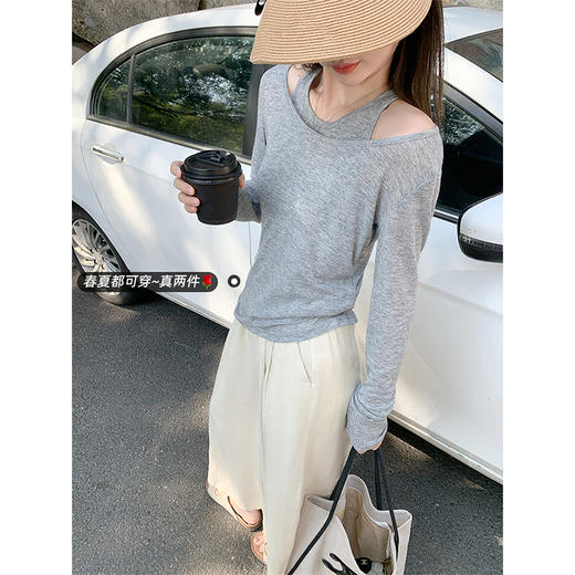 <曾小咸推荐>韩系叠穿真两件防晒露肩T恤上衣 商品图0