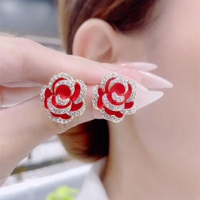 新年红色山茶花耳钉女适合过年的耳环玫瑰花网红百搭耳饰