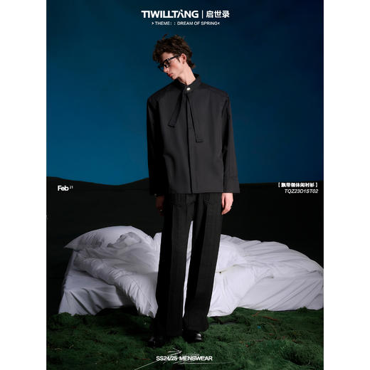 启世录TIWILLTANG“当代救赎”精奢设计感飘带领黑白休闲长袖衬衫 商品图0